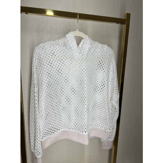 Bluza damska "siateczka" z kapturem - srebrno-beżowa
